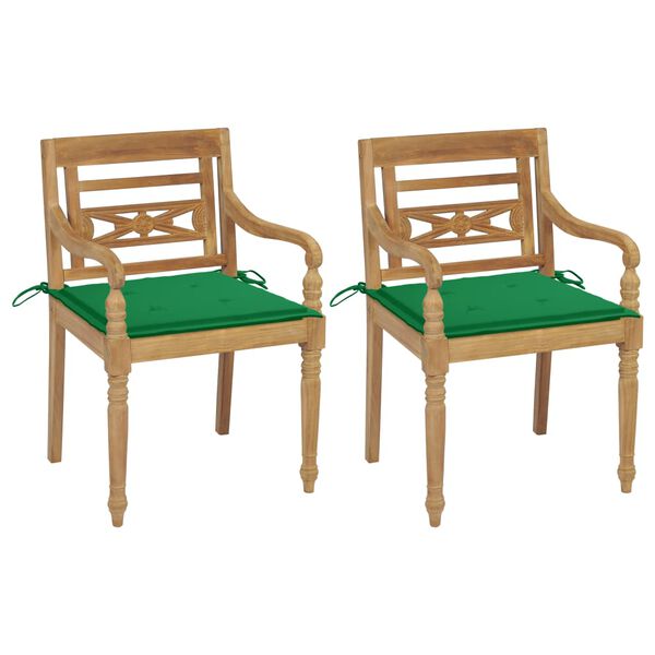 vidaXL Cadeiras Bat&aacute;via c/ almofad&otilde;es verde 2 pcs teca maci&ccedil;a