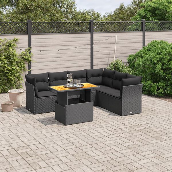 vidaXL 7 pcs conjunto de sof&aacute;s p/ jardim c/ almofad&otilde;es vime PE preto