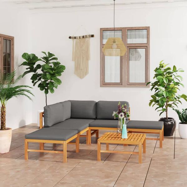 vidaXL 6 pcs conj. lounge de jardim + almofad&otilde;es cinzentos teca maci&ccedil;a