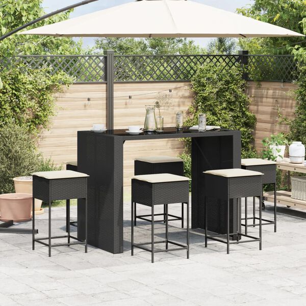 vidaXL 7 pcs conjunto de bar para jardim c/ almofad&otilde;es vime PE preto