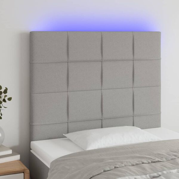 vidaXL Cabeceira cama c/ luzes LED tecido 90x5x118/128cm cinza-claro