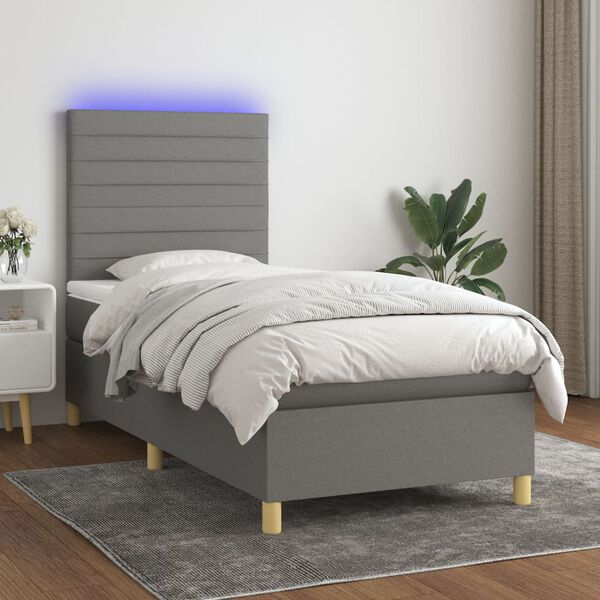 vidaXL Cama box spring c/ colch&atilde;o e LED 80x200 cm tecido cinza-escuro