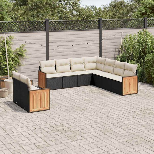 vidaXL 9 pcs conjunto de sof&aacute;s p/ jardim c/ almofad&otilde;es vime PE preto