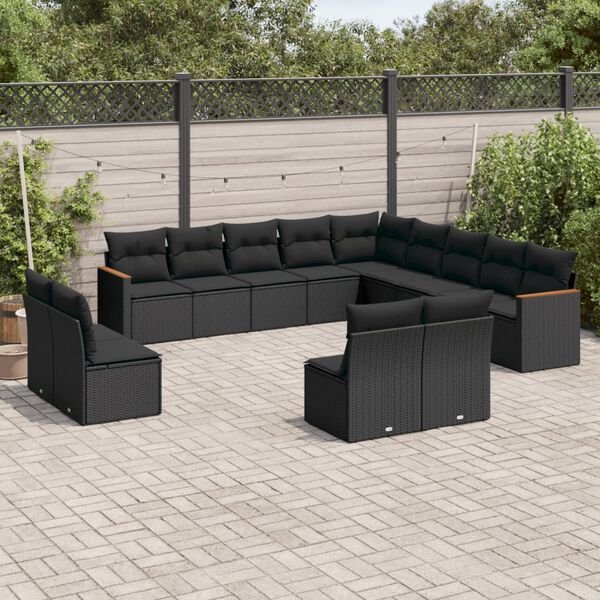 vidaXL 13 pcs conjunto de sof&aacute;s de jardim com almofad&otilde;es vime PE preto