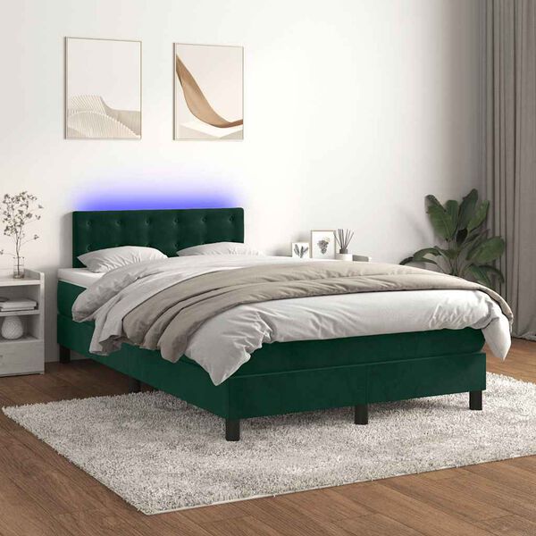 vidaXL Cama box spring c/ colch&atilde;o/LED 120x200 cm veludo verde-escuro