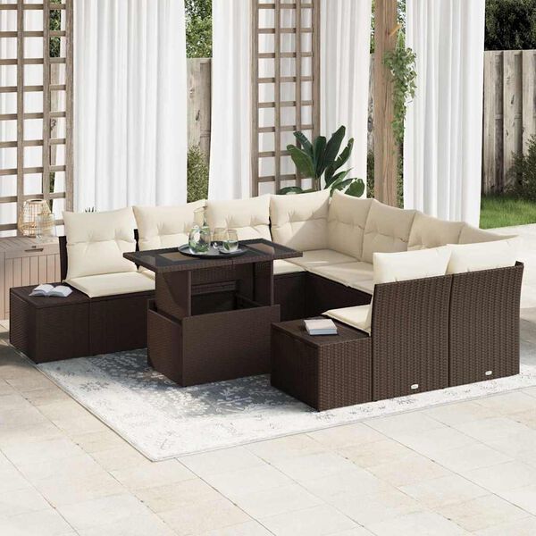 vidaXL Conjunto de Sof&aacute; de Jardim 9 pcs Marrom e Creme vime PE