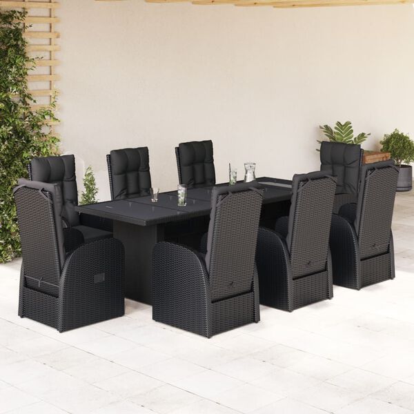 vidaXL 9 pcs conjunto de jantar p/ jardim c/ almofad&otilde;es vime PE preto