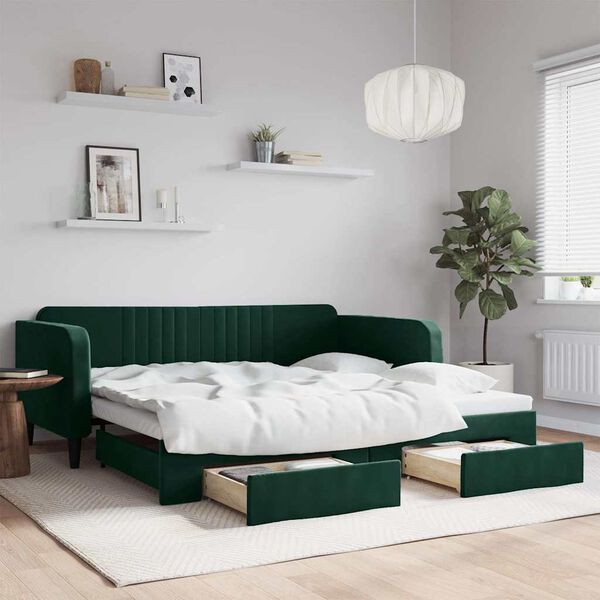 vidaXL Sof&aacute;-cama c/ gavet&atilde;o e gavetas 100x200 cm veludo verde-escuro