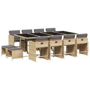 vidaXL 13 pcs conj. jantar jardim c/ almofad&otilde;es vime PE bege misturado