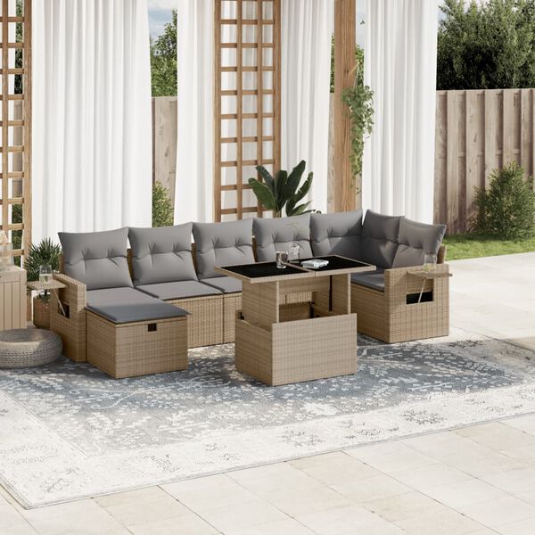 vidaXL 8 pcs conjunto de sof&aacute;s p/ jardim com almofad&otilde;es vime PE bege
