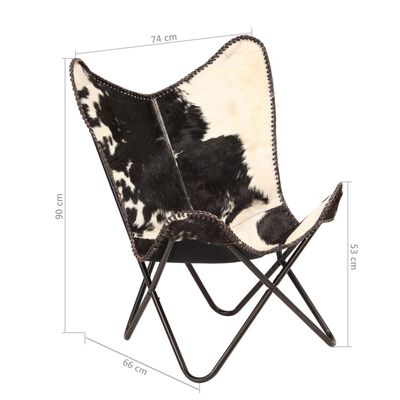vidaXL Cadeira borboleta em couro de cabra genuíno preto e branco