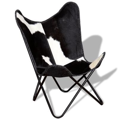 vidaXL Cadeira borboleta pele de vaca genuína preto e branco