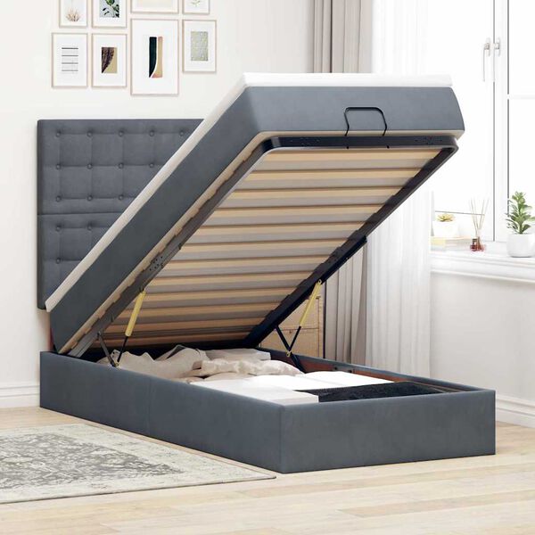 vidaXL Estrutura cama otomana colch&otilde;es 90x190cm veludo cinzento escuro