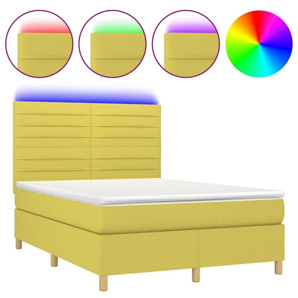 vidaXL Cama box spring c/ colch&atilde;o e LED 140x200 cm tecido verde