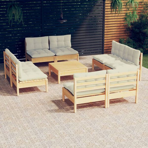 vidaXL 9 pcs conjunto lounge jardim c/ almofad&otilde;es cor creme pinho