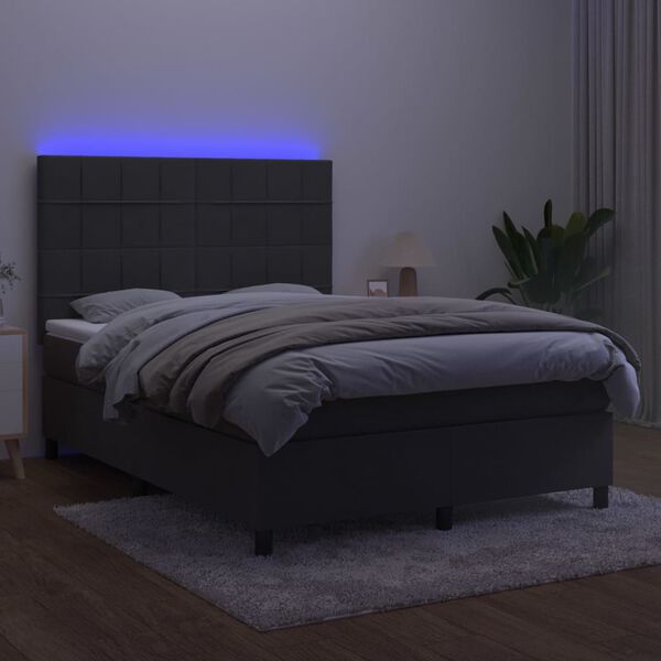 vidaXL Cama box spring c/ colch&atilde;o/LED 140x190cm veludo cinzento-escuro