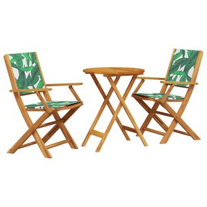 vidaXL 3 pcs conjunto de bistr&ocirc; tecido/madeira maci&ccedil;a padr&atilde;o folhas