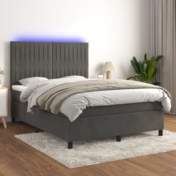 vidaXL Cama box spring c/ colch&atilde;o/LED 140x190cm veludo cinzento-escuro