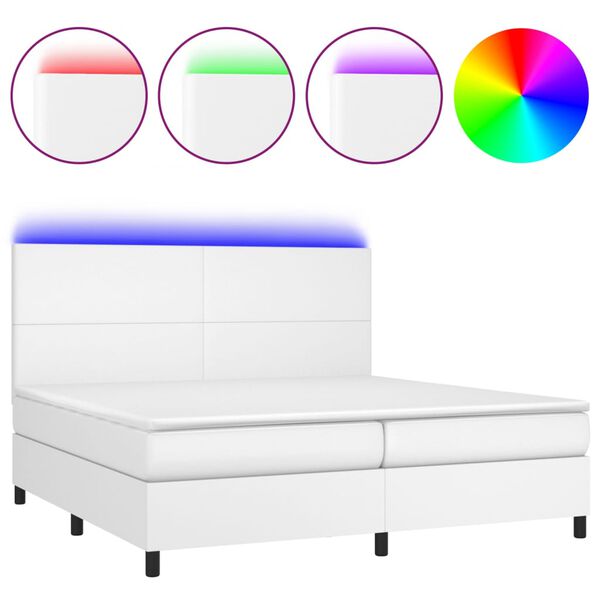 vidaXL Cama box spring c/colch&atilde;o/LED 200x200cm couro artificial branco