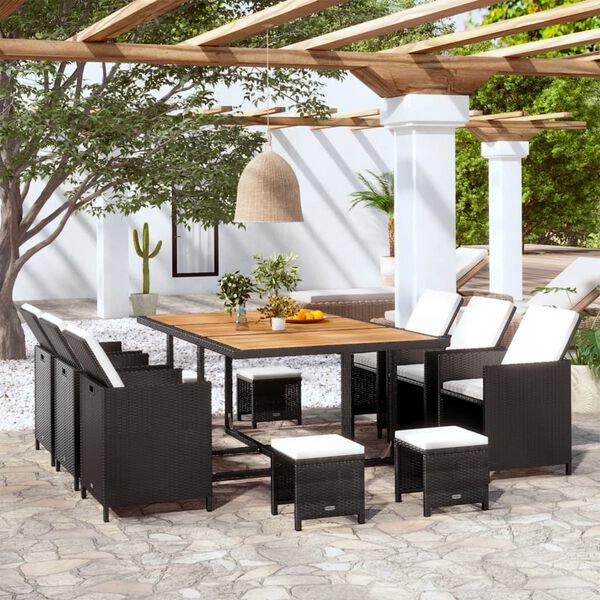vidaXL 11 pcs conjunto jantar exterior com almofad&otilde;es vime PE preto