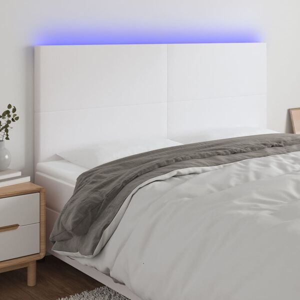 vidaXL Cabeceira cama c/ LED couro artificial 200x5x118/128 cm branco
