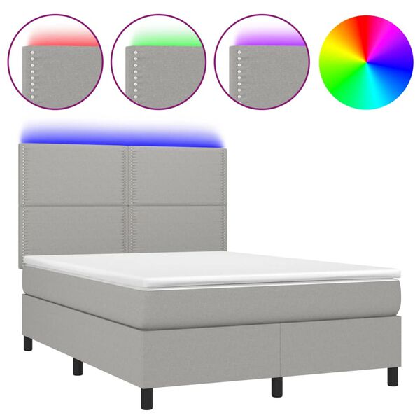 vidaXL Cama box spring c/ colchão e LED 140x190 cm tecido cinza-claro