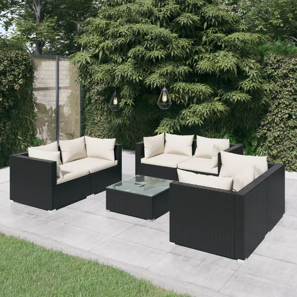 vidaXL 7 pcs conjunto lounge de jardim c/ almofad&otilde;es vime PE preto