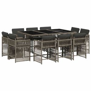vidaXL 11 pcs conjunto jantar p/ jardim c/ almofad&otilde;es vime PE cinzento