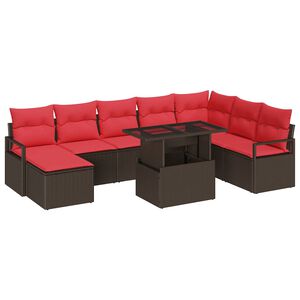 vidaXL Conjunto de Sof&aacute; de Jardim 9 pcs Marrom e Vermelho vime PE