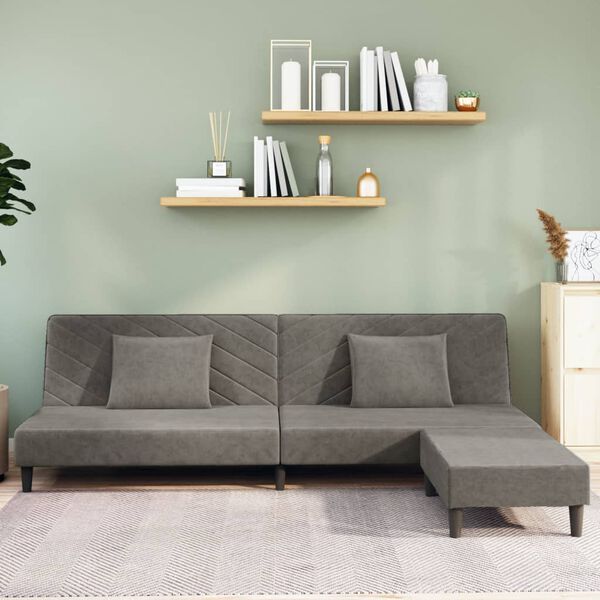 vidaXL Sof&aacute;-cama 2 lugares c/ 2 almofadas/apoio p&eacute;s veludo cinza-claro