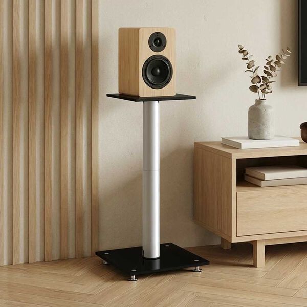 vidaXL Suportes colunas 2 pcs vidro temperado 1 pilar preto/prateado