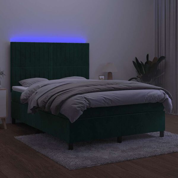 vidaXL Cama box spring c/ colch&atilde;o/LED 140x190 cm veludo verde-escuro