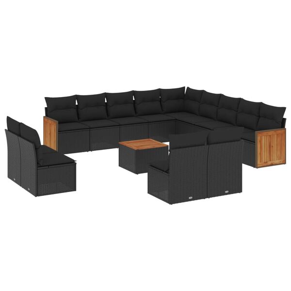 vidaXL 14 pcs conjunto de sof&aacute;s p/ jardim c/ almofad&otilde;es vime PE preto