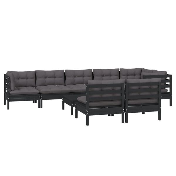 vidaXL 9 pcs conjunto lounge jardim c/ almofad&otilde;es pinho maci&ccedil;o preto
