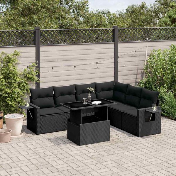 vidaXL 7 pcs conjunto de sof&aacute;s p/ jardim c/ almofad&otilde;es vime PE preto