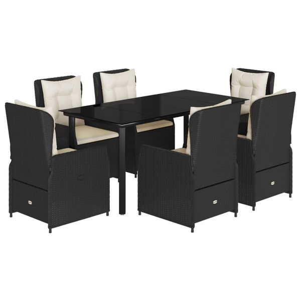 vidaXL 7 pcs conjunto de jantar p/ jardim c/ almofad&otilde;es vime PE preto