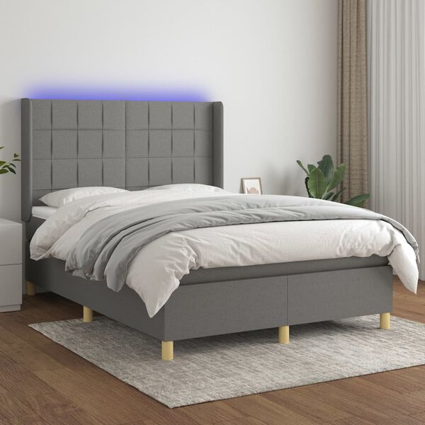vidaXL Cama box spring c/ colch&atilde;o e LED 140x190 cm tecido cinza-escuro