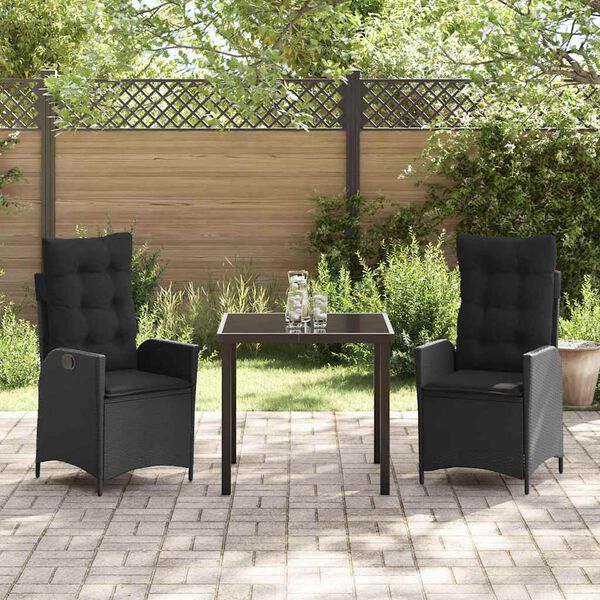 vidaXL Conjunto de Jantar para Jardim com almofada 3 pcs Preto vime PE