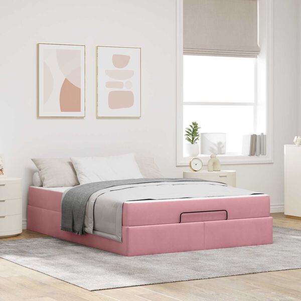 vidaXL Estrutura de cama com colch&atilde;o com colch&atilde;o 2 pcs Rosa Veludo