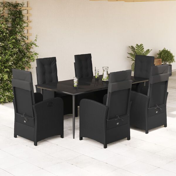 vidaXL 7 pcs conjunto de jantar p/ jardim c/ almofad&otilde;es vime PE preto