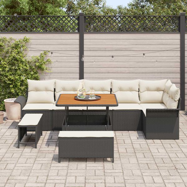 vidaXL Conjunto de Sof&aacute; de Jardim com almofada 9 pcs Preto e Creme
