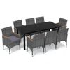 vidaXL 9 pcs conjunto jantar p/ jardim c/ almofad&otilde;es vime PE cinzento