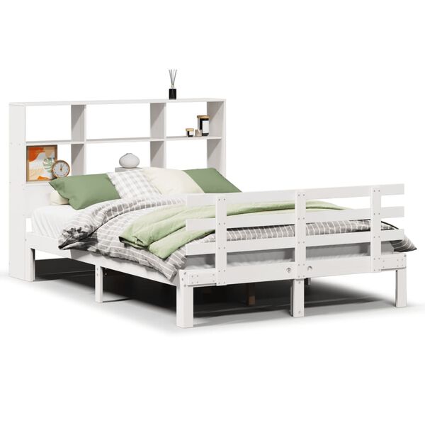 vidaXL Cama com estante sem colch&atilde;o 140x200 cm pinho maci&ccedil;o branco