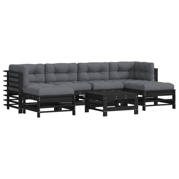 vidaXL 7 pcs conjunto lounge jardim c/ almofad&otilde;es madeira maci&ccedil;a preto
