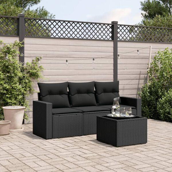 vidaXL 4 pcs conjunto de sof&aacute;s para jardim c/ almofad&otilde;es vime PE preto