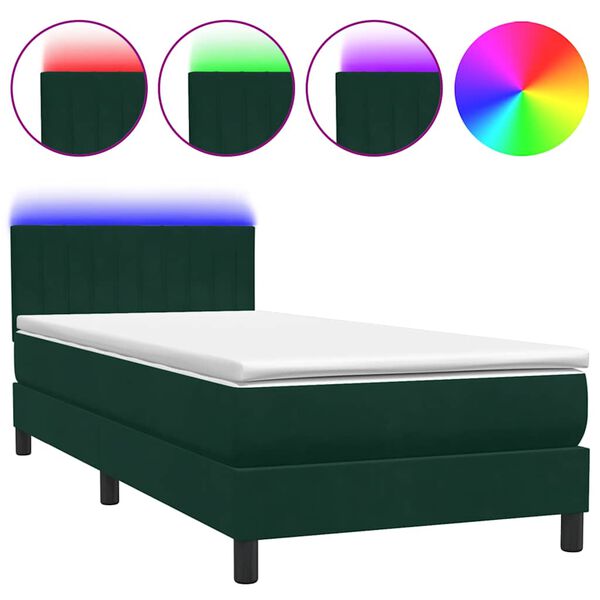 vidaXL Cama box spring c/ colch&atilde;o e LED 90x220 cm veludo verde-escuro