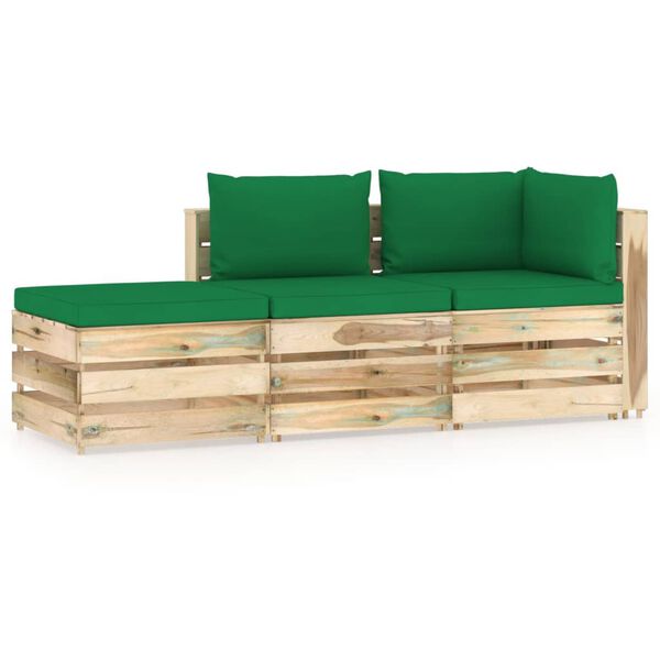 vidaXL 3 pcs conj. lounge jardim c/ almofad&otilde;es madeira impreg. verde