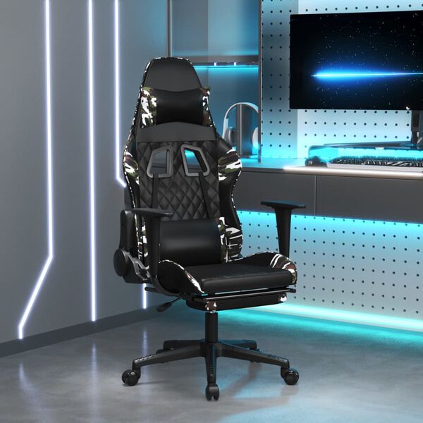 vidaXL Cadeira gaming c/ apoio p&eacute;s couro artificial preto e camuflado