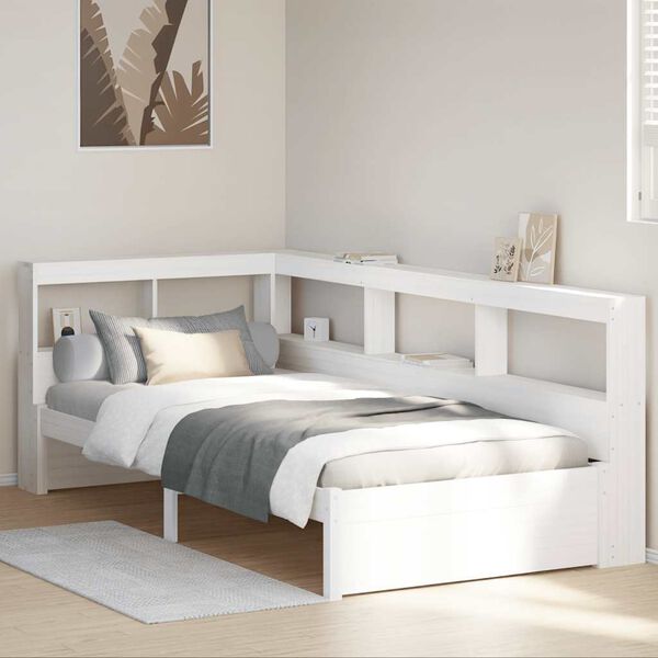 vidaXL Cama com estante sem colch&atilde;o 90x200 cm pinho maci&ccedil;o branco