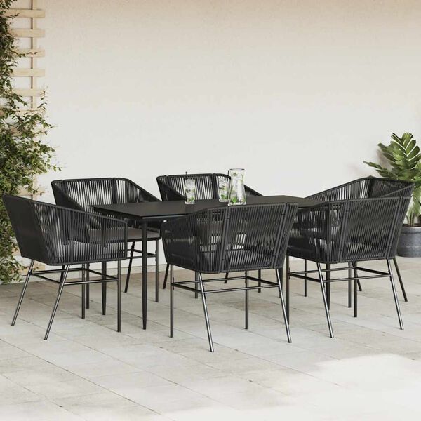 vidaXL Conjunto de jantar jardim 7 pe&ccedil;as almofadas vidro vime PE preto